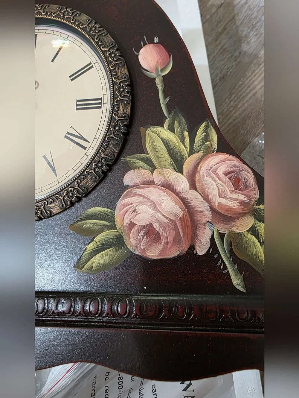 New Vintage Hand-Painted Pink Rose Mantel Clock - Quartz Wall Decor